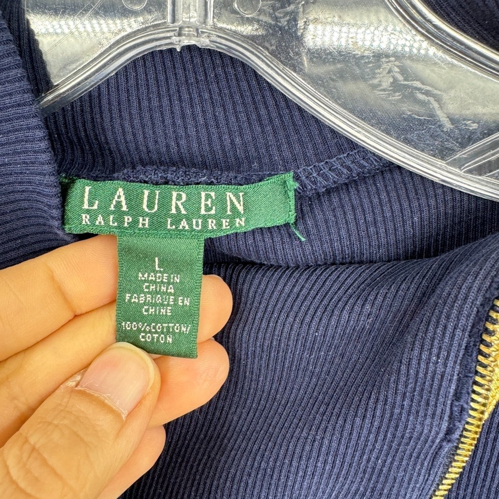 Ralph Lauren LRL Sweater Womens Large Ribbed Knit Zip Mock Bodycon Navy Nautical - Picture 6 of 8
